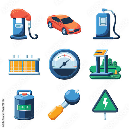 vector icons to vehicle fueling and charging a gasoline pump, an electric vehicle plug hydrogen mole