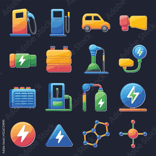 vector icons to vehicle fueling and charging a gasoline pump, an electric vehicle plug hydrogen mole