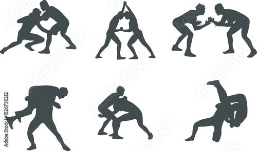 Silhouettes of Wrestlers in Action Poses – Martial Arts, Grappling, Training, Self Defense, Fighting Techniques, Sports Illustration Vector Set