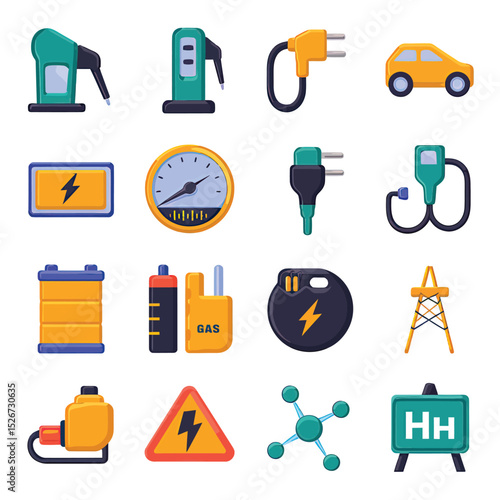 vector icons to vehicle fueling and charging a gasoline pump, an electric vehicle plug hydrogen mole