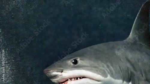 The fearsome jaws of a great white shark are on full display in this striking underwater image.