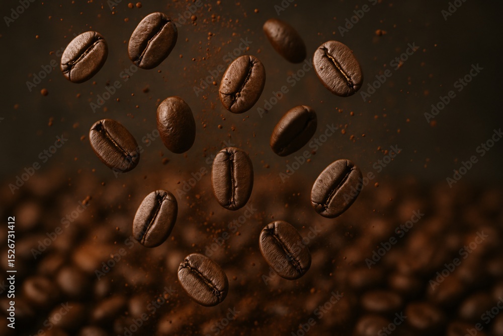 Coffee beans falling through air with brown background Coffee beans falling through air with brown background