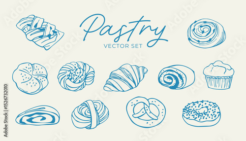 Hand drawn pastries including various sweet breads. Modern vector set of bakery products and breakfast food