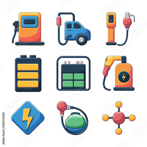 vector icons to vehicle fueling and charging a gasoline pump, an electric vehicle plug hydrogen mole
