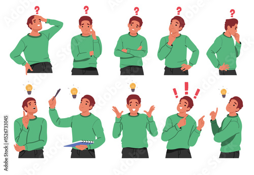 Young thinking man cartoon character having question searching solution brainstorming isolated set