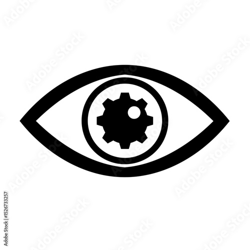 Technology surveillance eye featuring cog wheel pupil for automation tracking and process monitoring theme