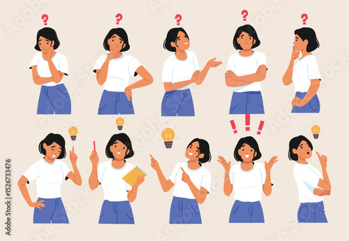 Puzzled pensively thinking and brainstorming woman emotional expression isolated portraits set