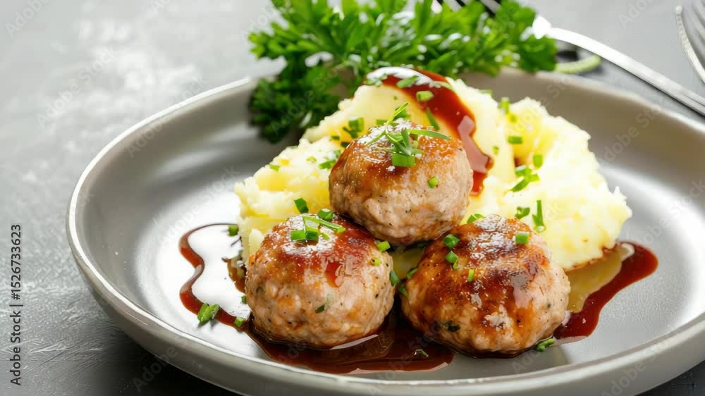 Enjoy a plate of savory meatballs topped with herbs, accompanied by fluffy mashed potatoes and a drizzle of sauce, perfect for any meal Enjoy a plate of savory meatballs topped with herbs, accompanied by fluffy mashed potatoes and a drizzle of sauce, perfect for any meal