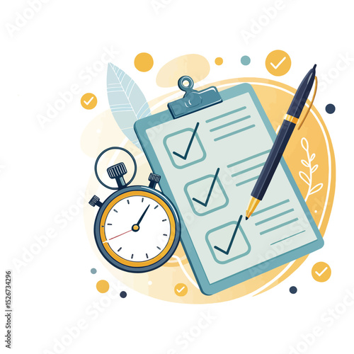 Checklist with stopwatch shows efficient time management