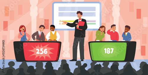 Children taking part in quiz game show answering question and solving objectives vector illustration