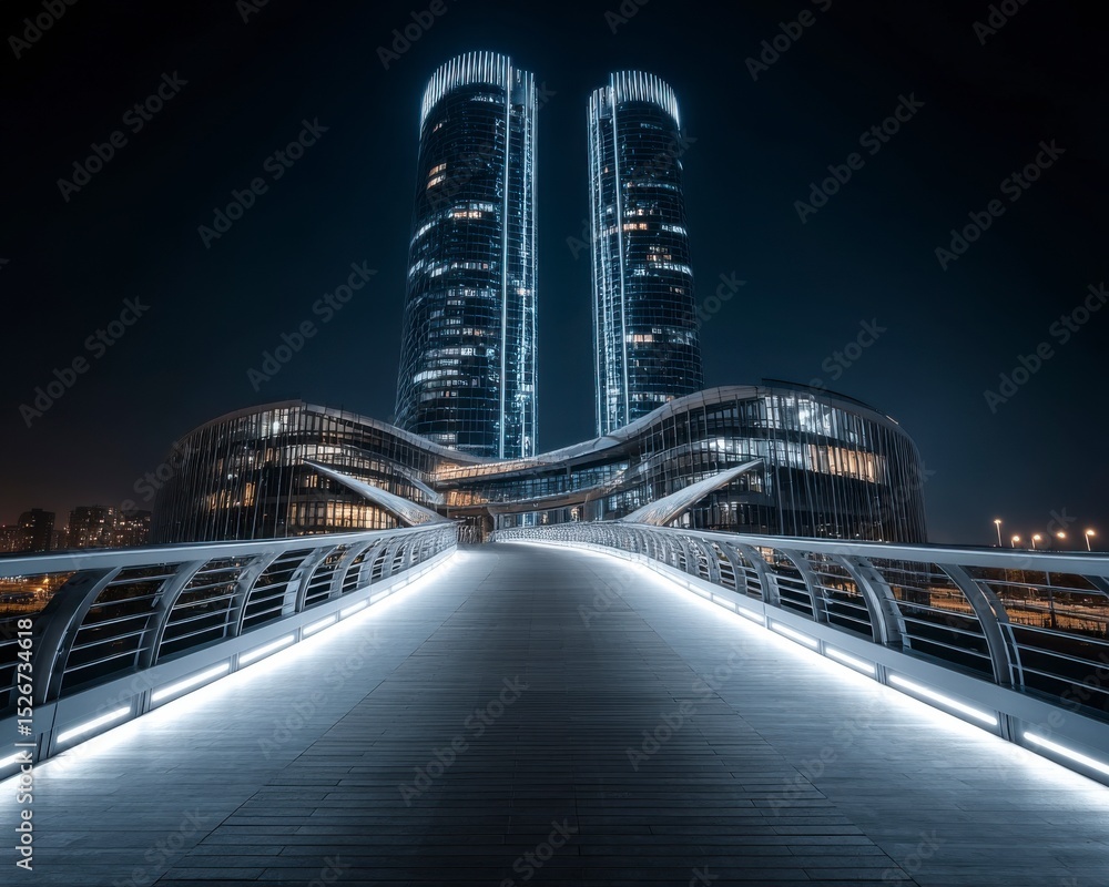 Obraz premium Nighttime Pedestrian Bridge Connecting Two Modern Towers in Urban Setting