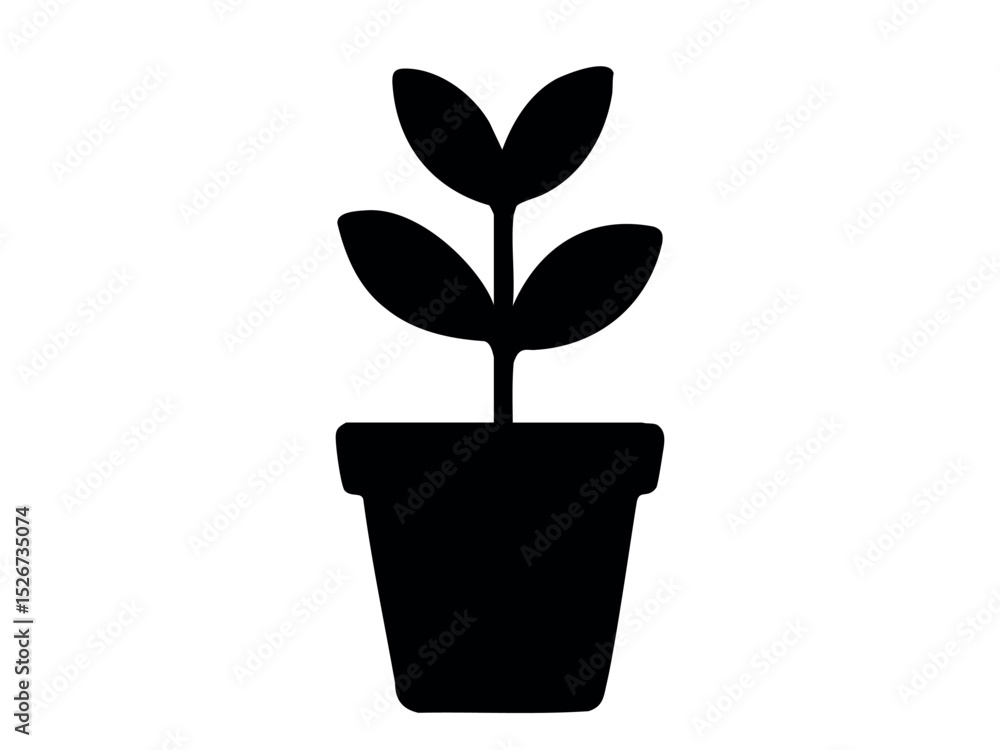 Fototapeta premium Black silhouette of a potted plant with leaves isolated on white background, graphic illustration. concept of gardening, indoor decor, houseplant, nature, design element