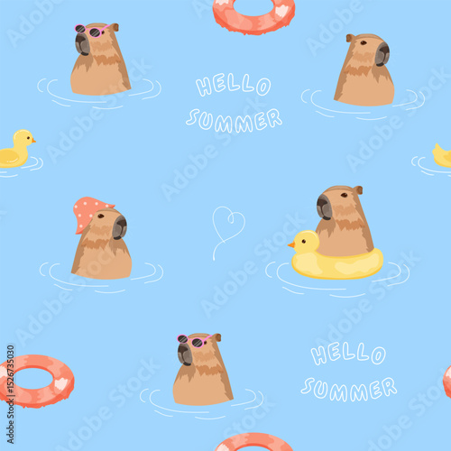 Capybara. Summer themed seamless pattern with capybara