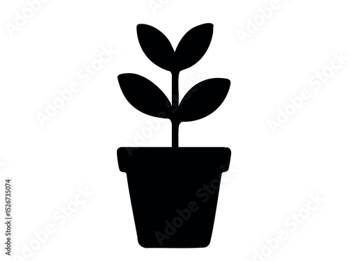 Black silhouette of a potted plant with leaves isolated on white background, graphic illustration. concept of gardening, indoor decor, houseplant, nature, design element