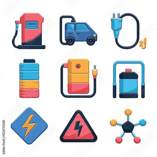 vector icons to vehicle fueling and charging a gasoline pump, an electric vehicle plug hydrogen mole

