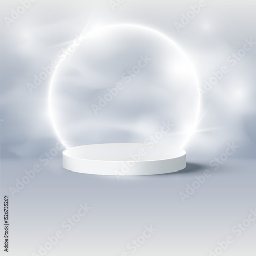 Empty cylindrical podium for product presentation with glowing ring, light effects and haze on background