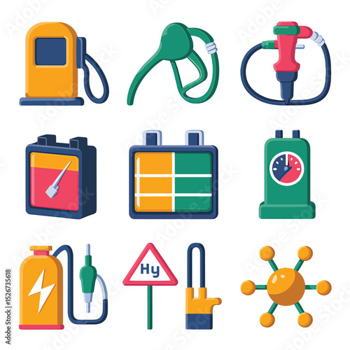 vector icons to vehicle fueling and charging a gasoline pump, an electric vehicle plug hydrogen mole
