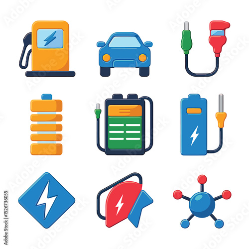 vector icons to vehicle fueling and charging a gasoline pump, an electric vehicle plug hydrogen mole
