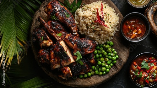 Flat lay of Jamaican jerk chicken with rice and peas, grilled smoky textures and tropical vibrant tones