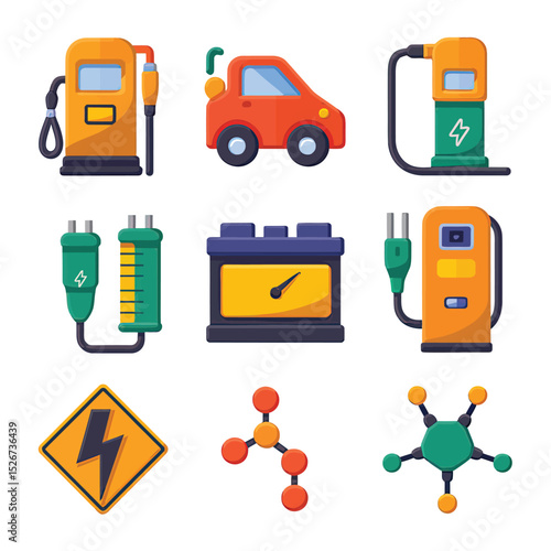 vector icons to vehicle fueling and charging a gasoline pump, an electric vehicle plug hydrogen mole
