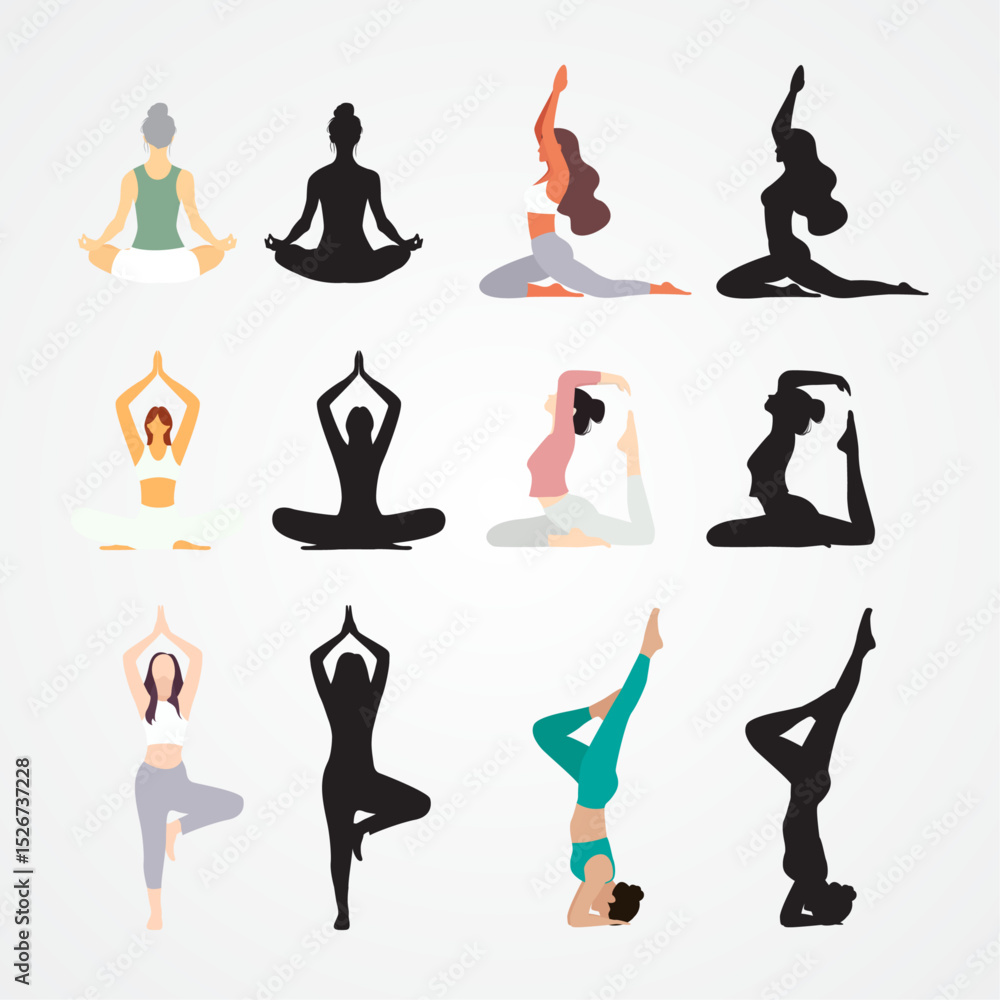Fototapeta premium Collection of yoga poses color flat and shadow flat icon illustration design