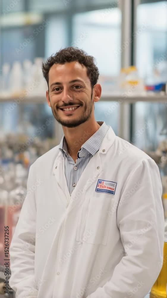 Smiling scientist in white coat standing in a laboratory with scientific equipment and glass bottles, hands in pocket, looking at camera Smiling scientist in white coat standing in a laboratory with scientific equipment and glass bottles, hands in pocket, looking at camera