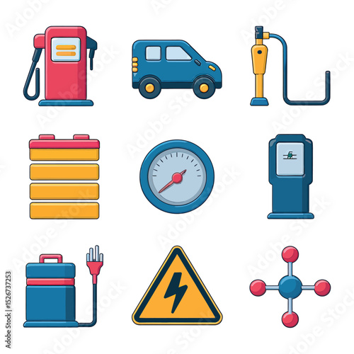 vector icons to vehicle fueling and charging a gasoline pump, an electric vehicle plug hydrogen mole
