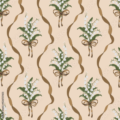 Lily Of the Valley Flower bouquet Coquette Bow Vintage ribbon seamless Pattern satin bow knot Damask