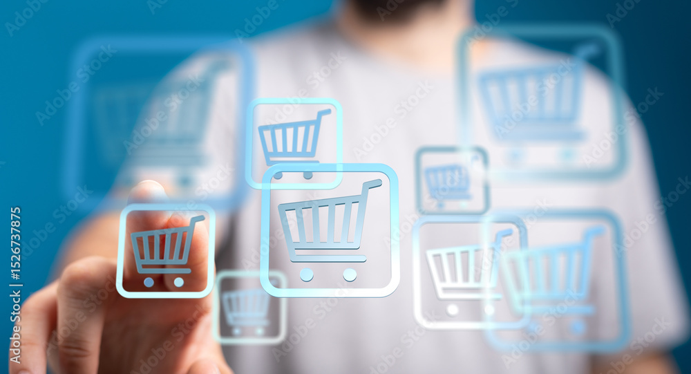 Person interacts with virtual shopping carts, symbolizing online shopping and e-commerce. Person interacts with virtual shopping carts, symbolizing online shopping and e-commerce.