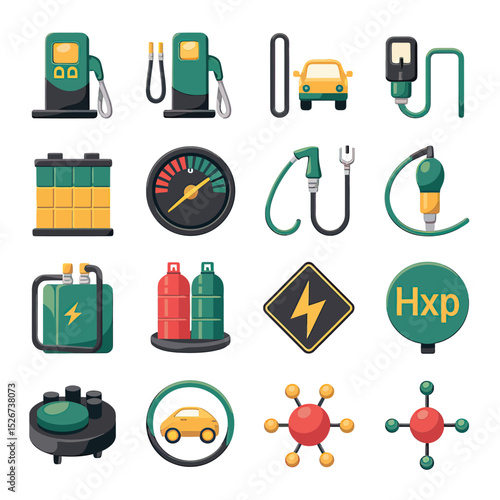 vector icons to vehicle fueling and charging a gasoline pump, an electric vehicle plug hydrogen mole
