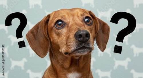 Confused dog surrounded by question marks, expresses quizzical and inquisitive emotion on patterned backdrop.