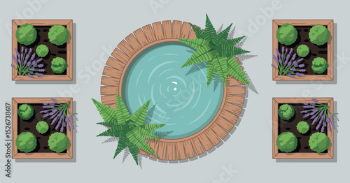 Top View of a Minimalist Garden with a Small Pond and Potted Plants with Lavender and Bushes