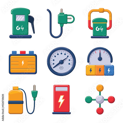 vector icons to vehicle fueling and charging a gasoline pump, an electric vehicle plug hydrogen mole
