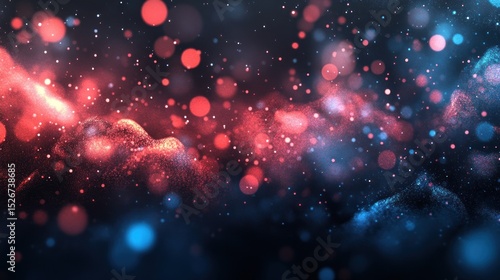 Abstract digital illustration of red and blue particles in space.