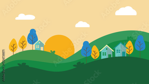 Serene Sunset Landscape Rolling Hills, Cozy Homes, and Colorful Trees