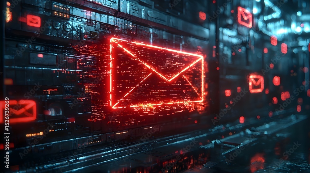 Obraz premium Cyberpunk inspired red email icon with glitch effects on a holographic screen
