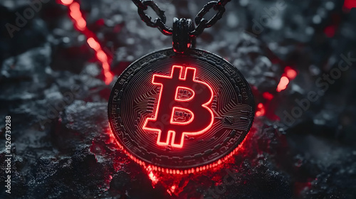 Glowing Red Bitcoin Pendant Necklace on Dark Volcanic Rock