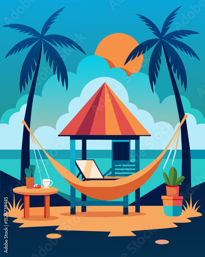 The beautiful blend of work and relaxation as the bungalow has a comfortable work desk and a hammock for afternoon naps.. Vector illustration