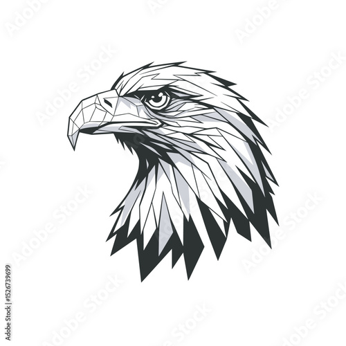 Striking geometric eagle head vector in black and white. Modern polygonal design perfect for contemporary logos, abstract artwork, or unique graphic design projects seeking a sharp, impactful look.