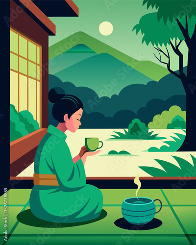 As you sip on green tea the sound of a nearby water feature creates a calming atmosphere while you work in the ryokans courtyard.. Vector illustration