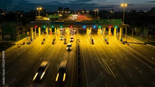 Cars driving through a toll booth on a highway at dusk with city skyline.