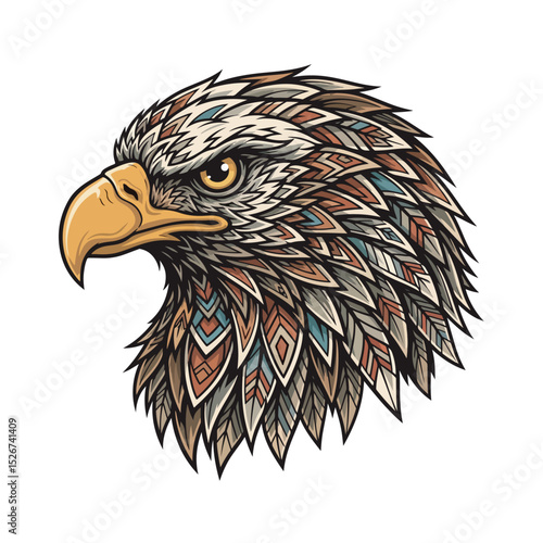 Highly detailed vector illustration of an eagle head in profile, featuring intricate tribal/Native American inspired feather patterns in earthy tones, golden beak, and intense eye. Rich in symbolism.