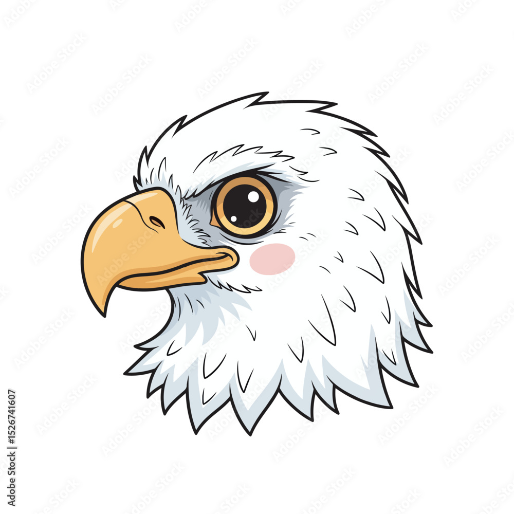 Fototapeta premium Charming vector illustration of a bald eagle head in profile, with soft white feathers, yellow-orange beak, and large, expressive golden eyes. Cute, friendly, and clean design.