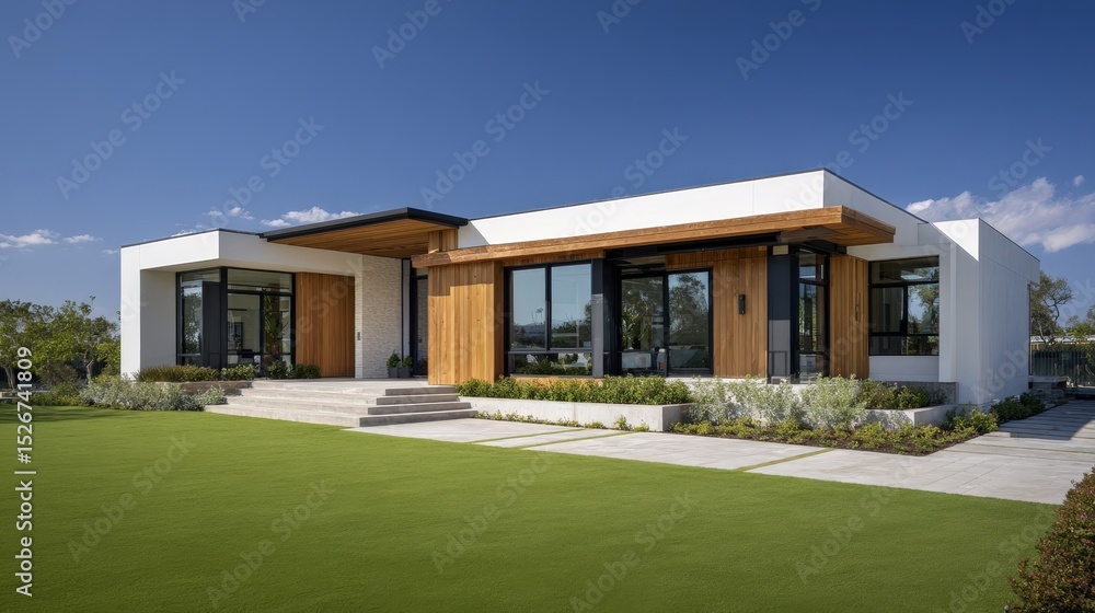Modern White and Wood House Exterior with Lush Green Lawn Landscaping Modern White and Wood House Exterior with Lush Green Lawn Landscaping