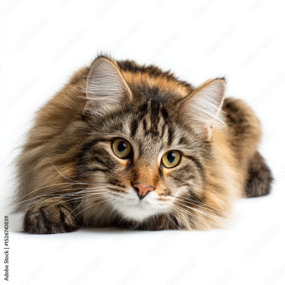 Obraz premium Adorable Long haired Tabby Cat Lying Down Fluffy Fur Pet Animal Portrait