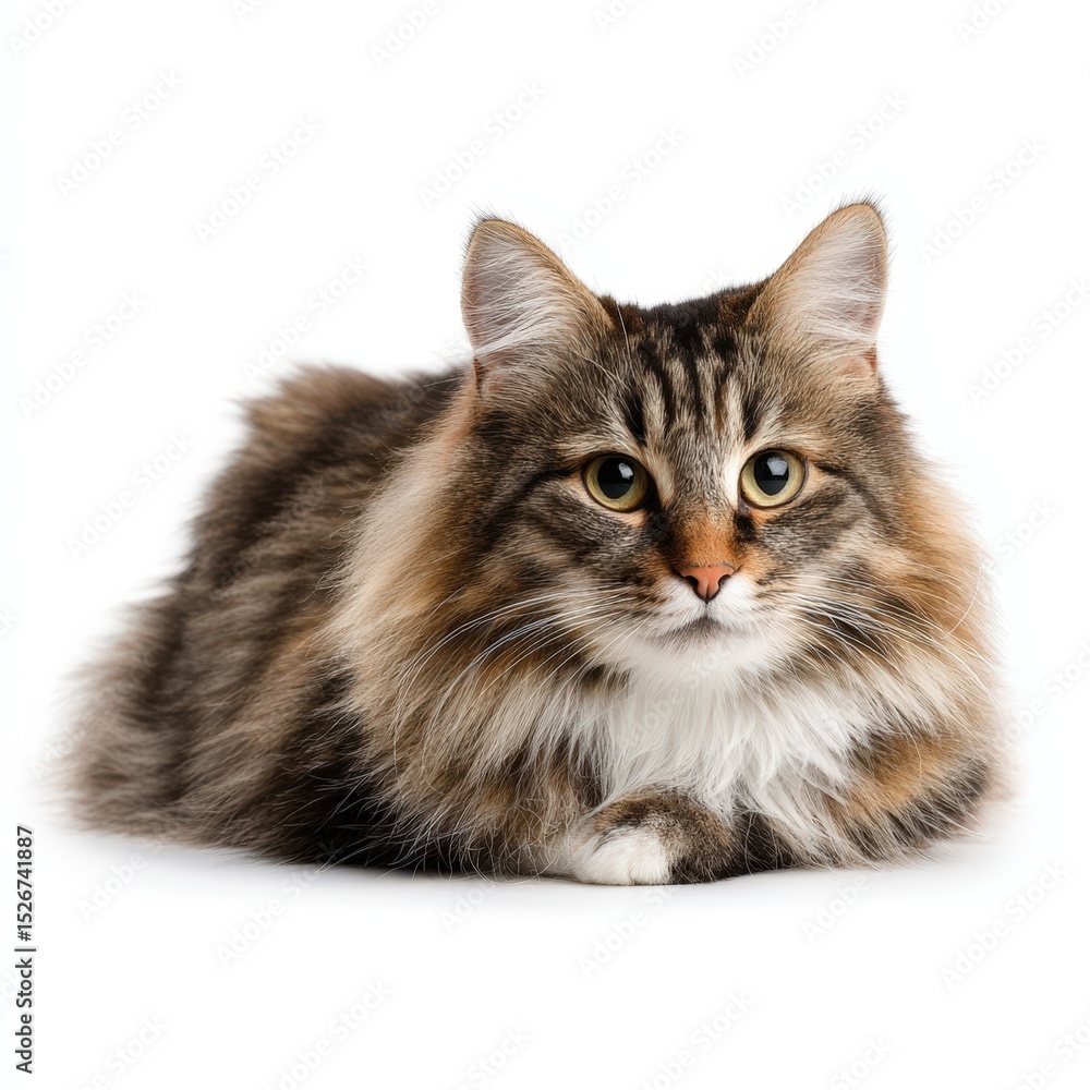 Obraz premium Adorable Longhaired Tabby Cat Posing Against White Background Studio Shot Pet Animal