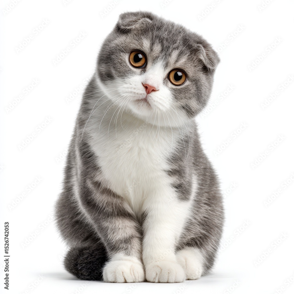 Obraz premium Adorable Scottish Fold Kitten Posing Against White Background A cute grey and white cat sits attentively