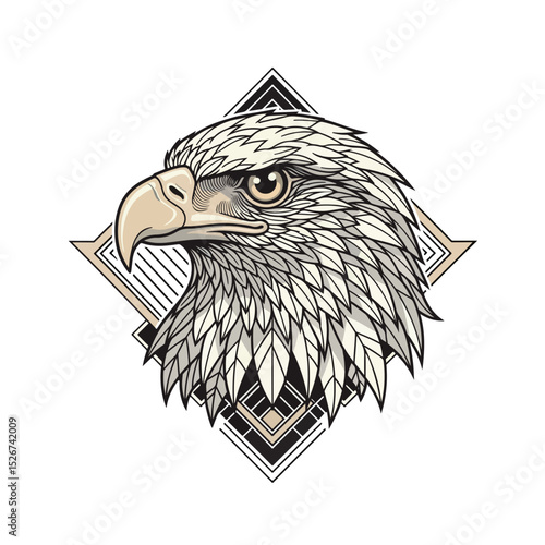 Sophisticated vector illustration of a bald eagle head in profile, framed by geometric black and gold art deco design. Detailed plumage and intense eye convey strength and luxury, ideal for premium 