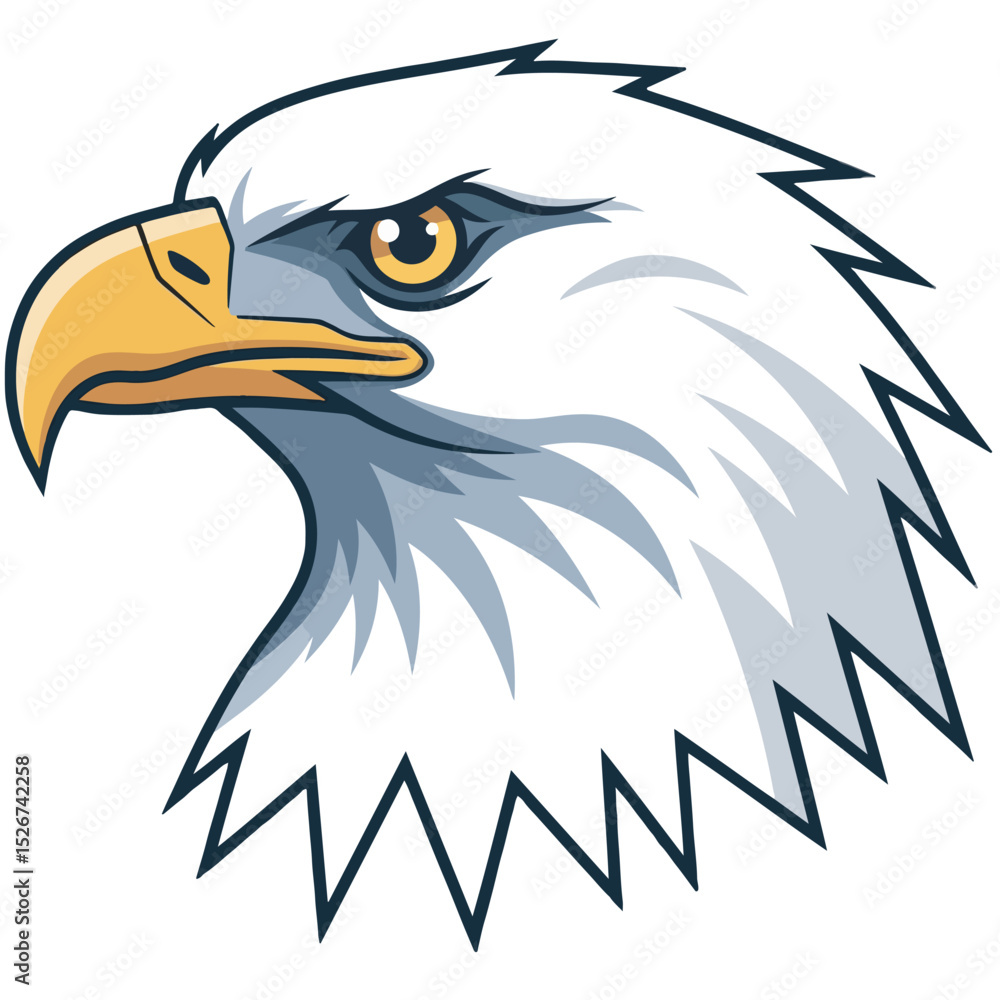 Fototapeta premium Clean vector illustration of a bald eagle head in profile, featuring white feathers, yellow-orange beak, and intense golden eye. Bold, stylized design ideal for a mascot, logo, or sports team emblem.