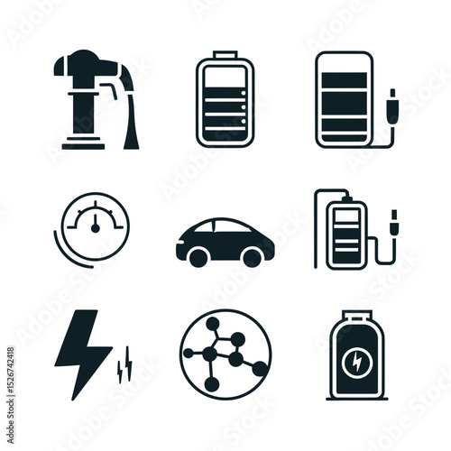 vector icons to vehicle fueling and charging a gasoline pump, an electric vehicle plug hydrogen mole
